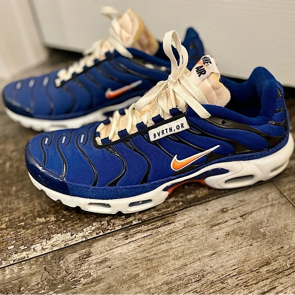 Nike Blue and White Sneakers with Orange Swoosh EUC